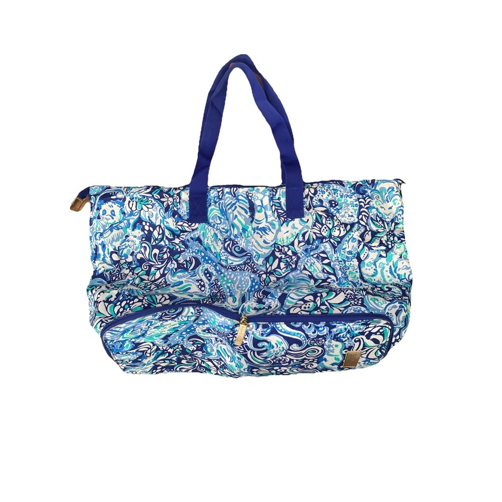 Lilly Pulitzer Packable Tote Travel Getaway Beach Bag Blue Gold Floral Preppy